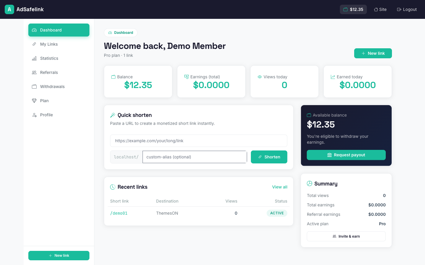 A publisher's dashboard showing balance, views, and earnings