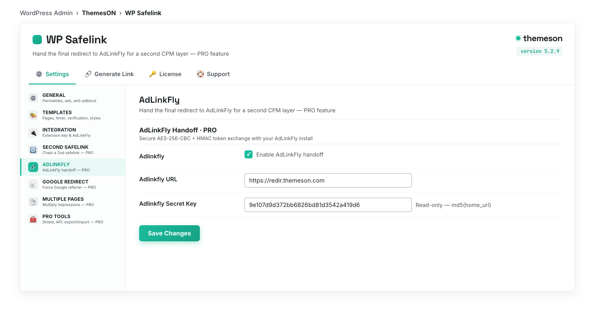 The PRO AdLinkFly tab in WP Safelink Pro with URL and secret key fields