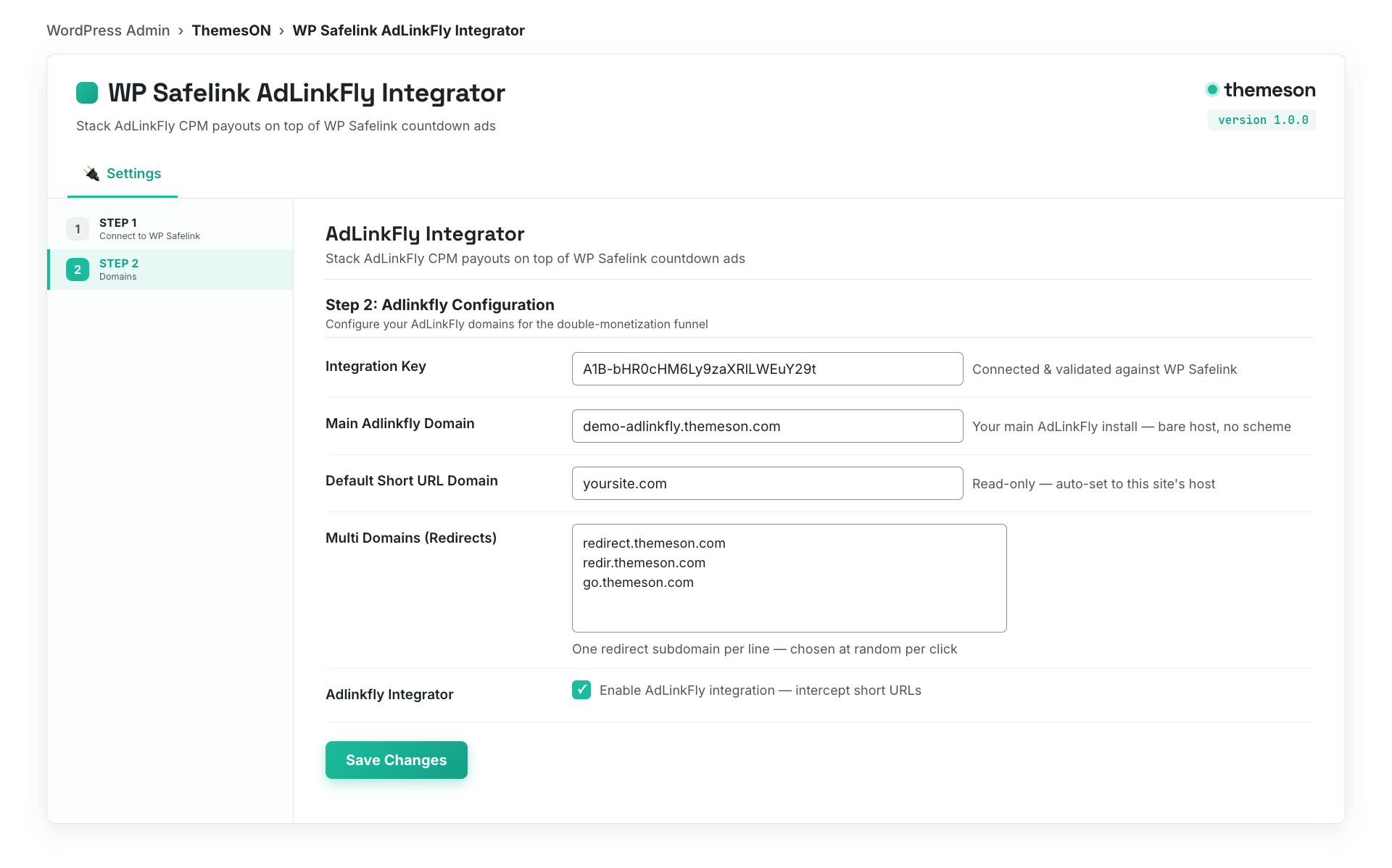The AdLinkFly Integrator settings page with the Integration Key validation step