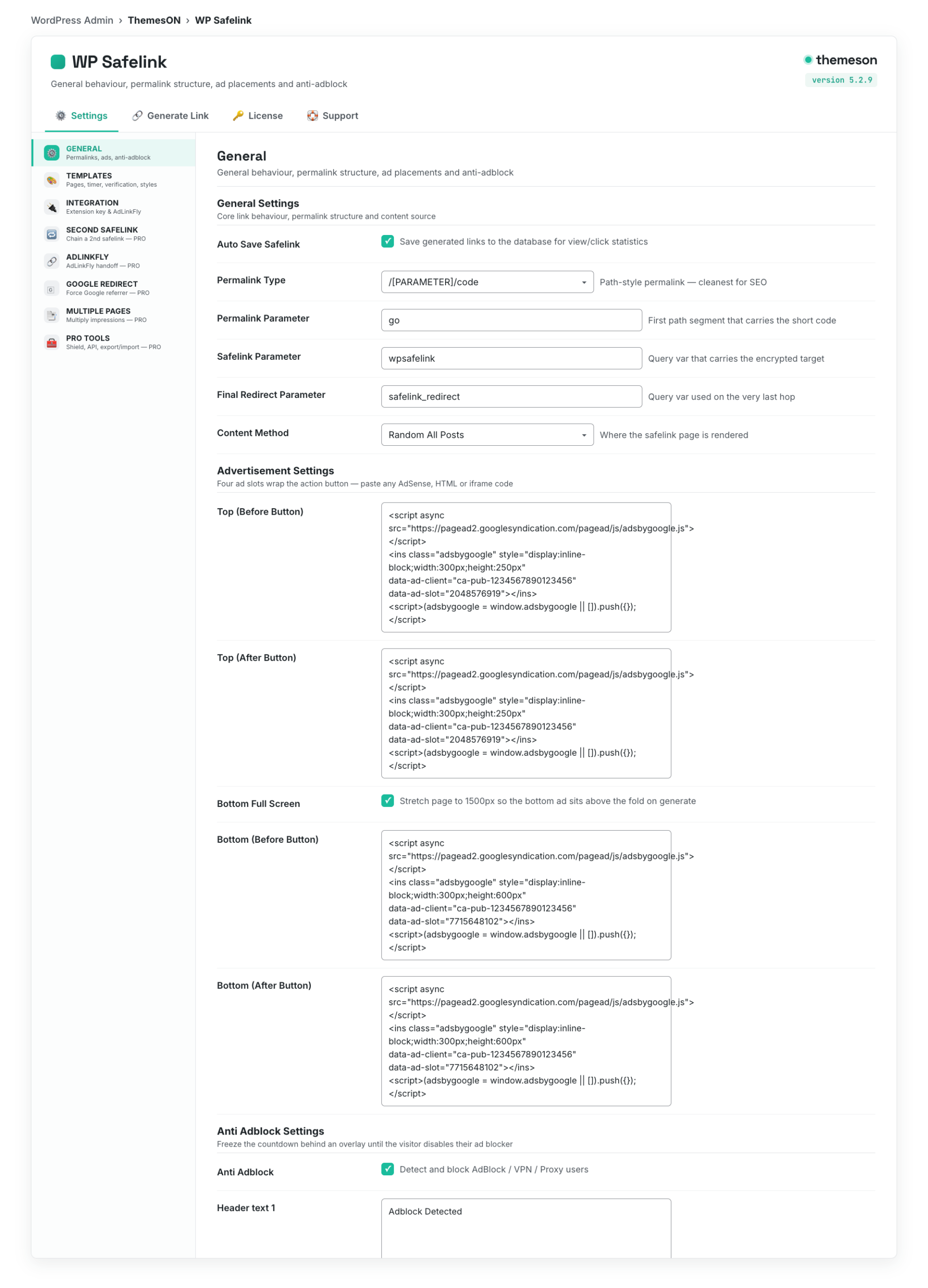 The General settings tab in WP Safelink with the four advertisement code textareas