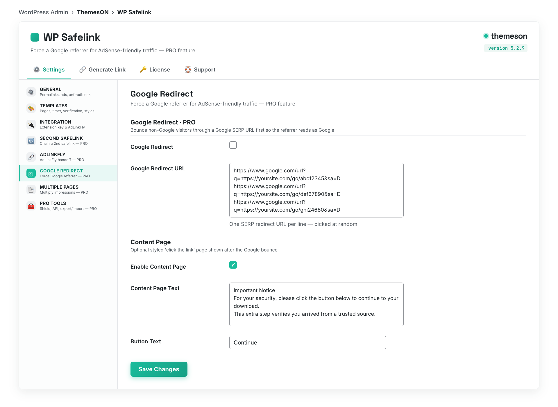 WP Safelink Google Redirect settings tab with redirect URLs and content page options