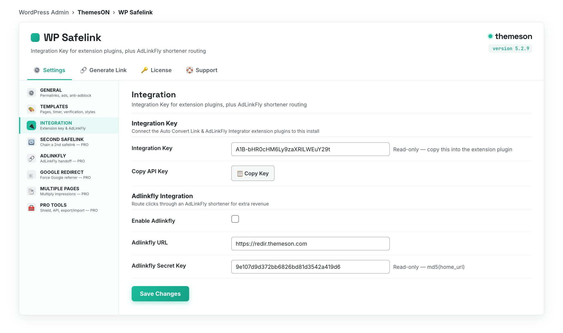 WP Safelink Integration settings tab in WordPress admin