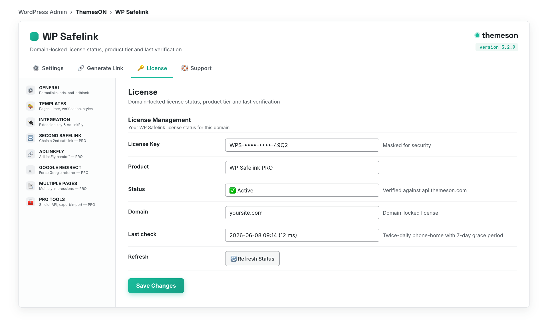 WP Safelink License Management tab showing license key, product, status, and domain