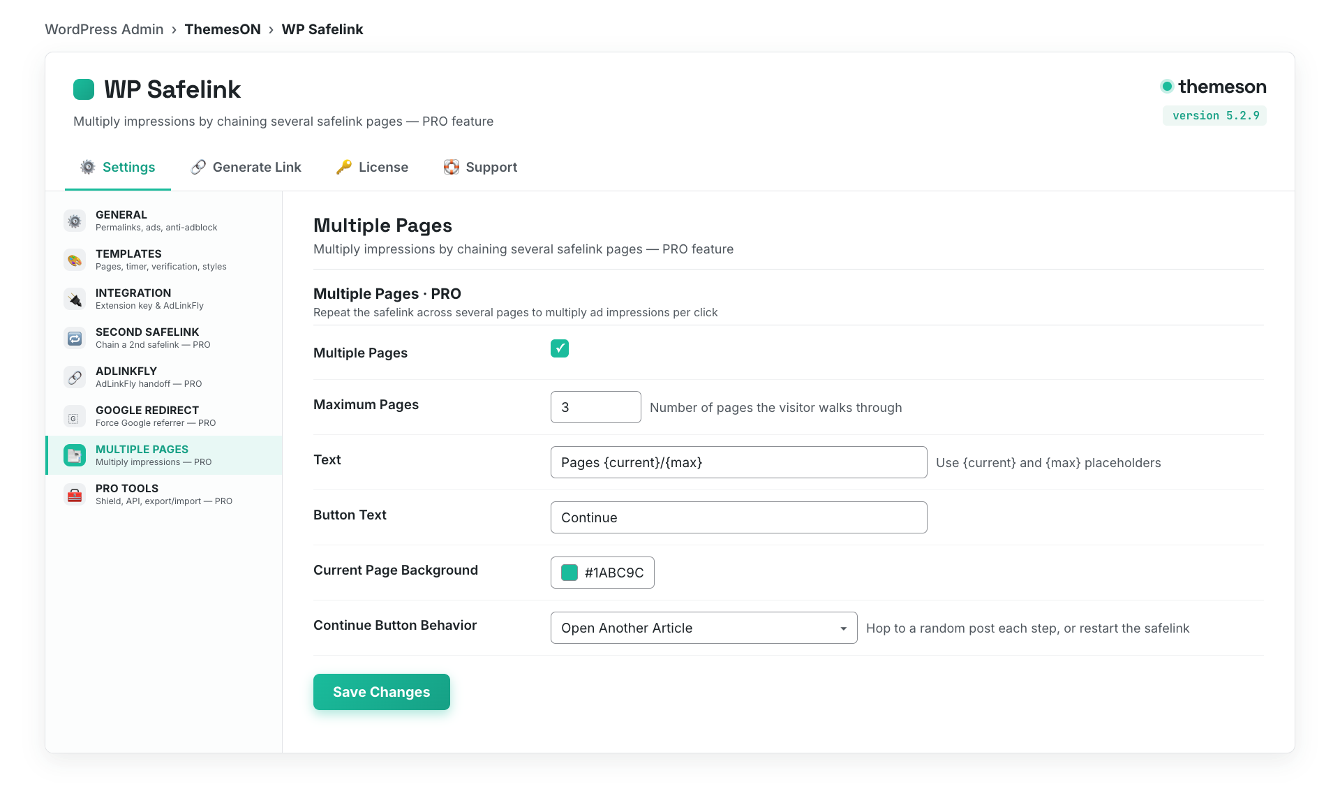 WP Safelink Multiple Pages settings tab with maximum pages, progress text, and continue button behavior