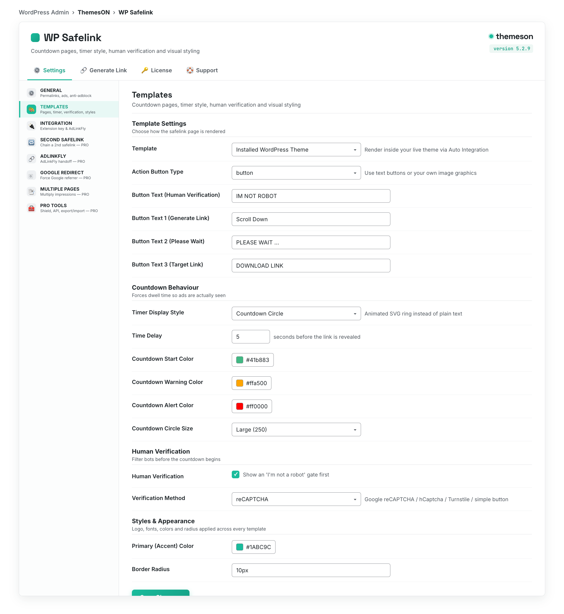 The Human Verification fields on the WP Safelink Templates settings tab