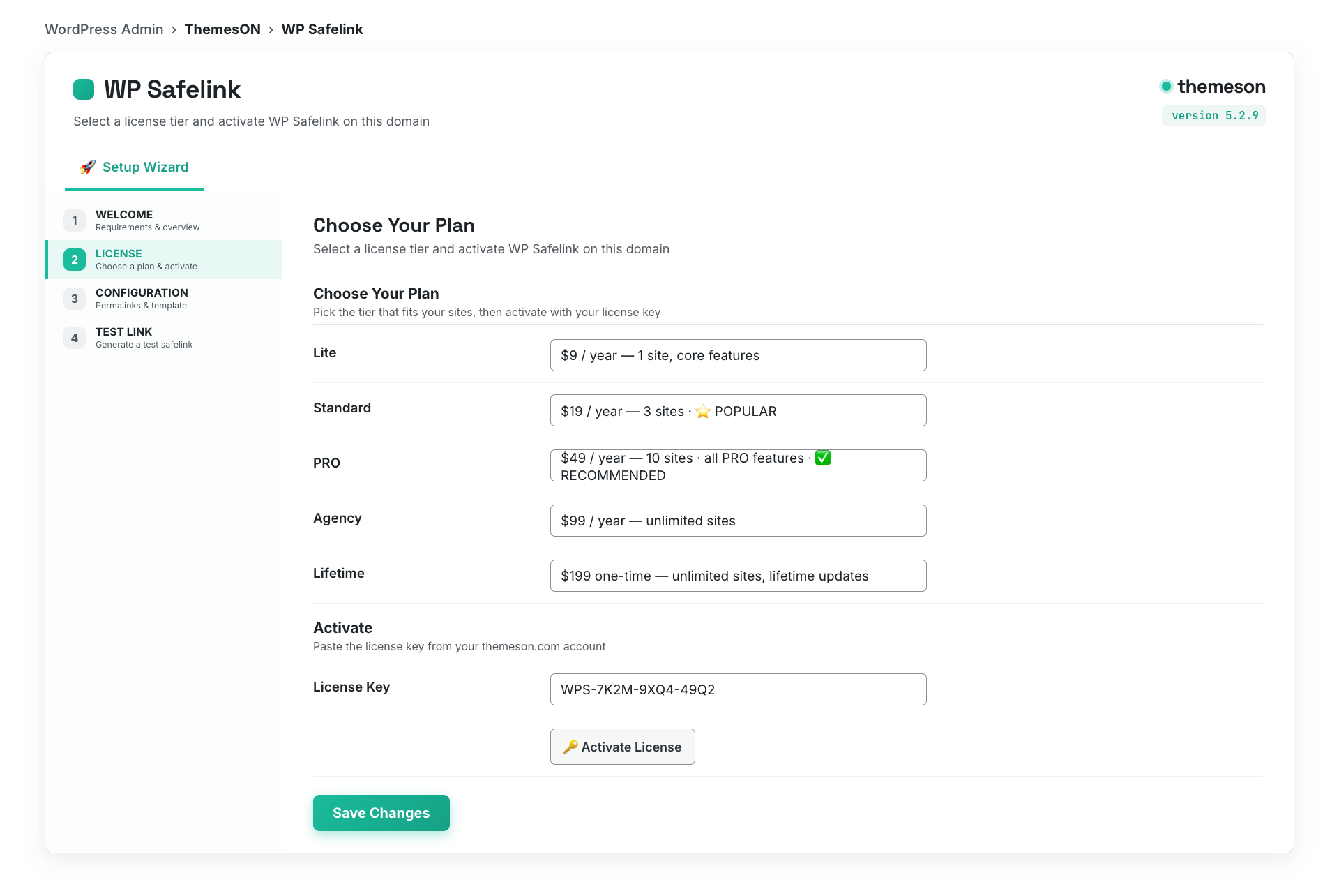 WP Safelink setup wizard license step showing the pricing plans and license key field