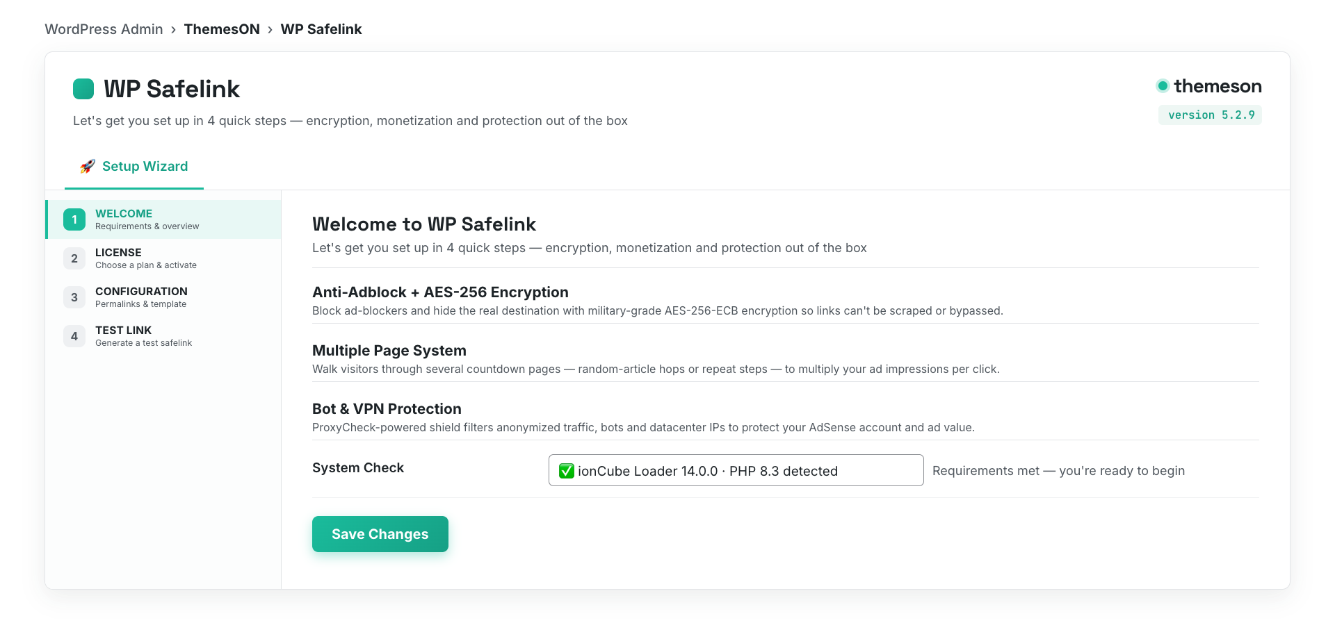 WP Safelink setup wizard welcome step with benefit cards and the requirements check